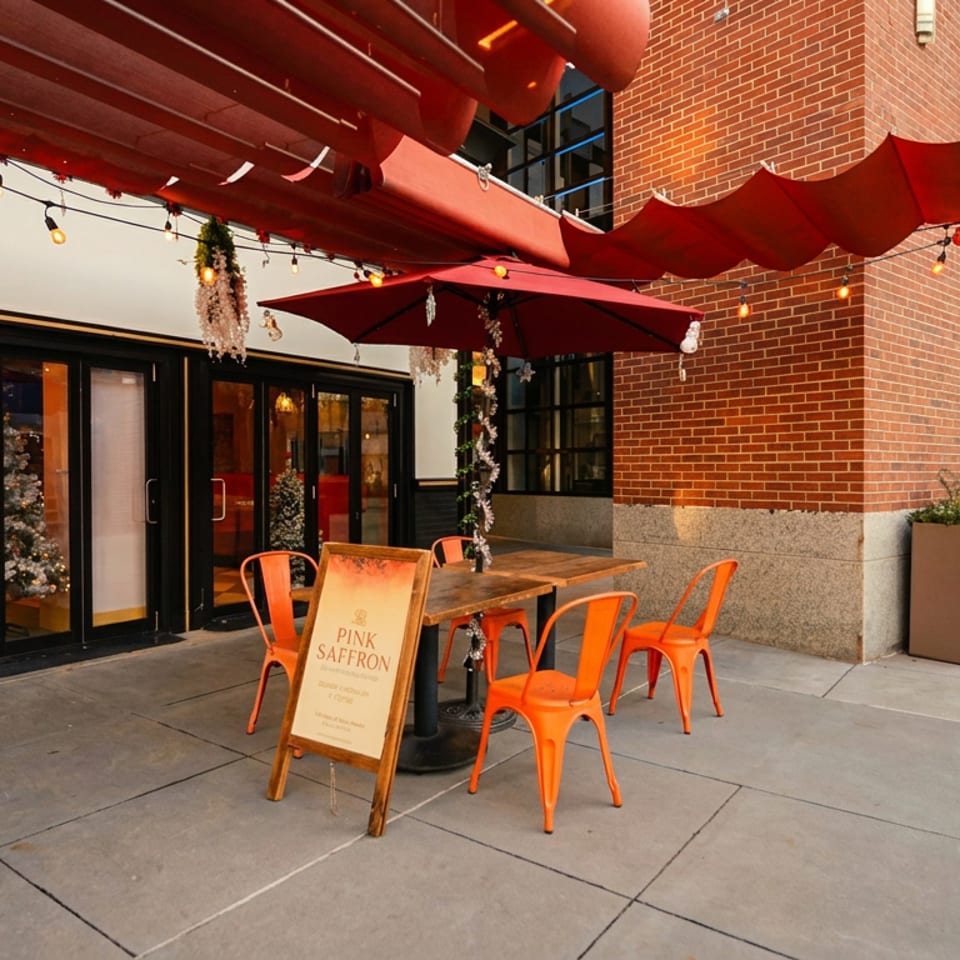 Outdoor patio of Pink Saffron restaurant with red awnings, orange chairs, and festive string lights.